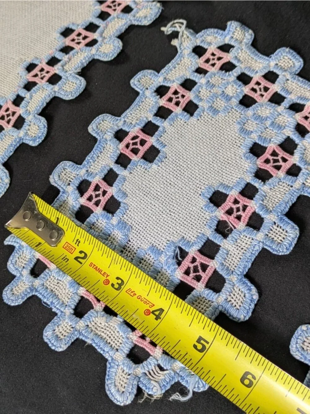 Vtg Handmade Embroidered Doily Set of 3 Rectangle Blue and Pink on White Linen